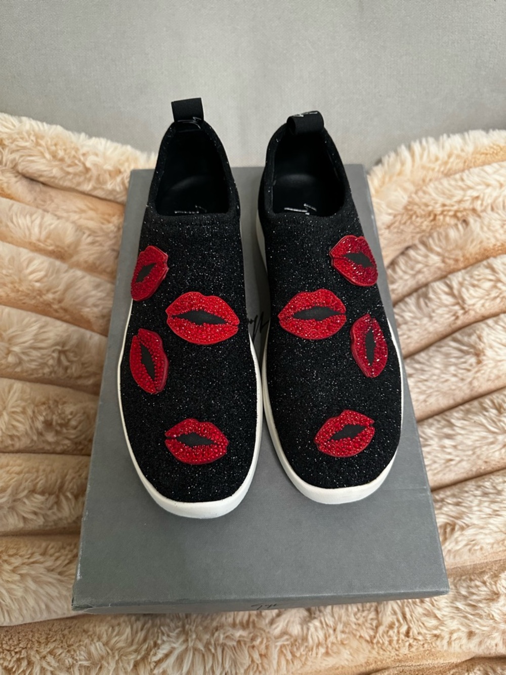 Giuseppe Zanotti Black Slip-On Sneakers w/ Red Rhinestone Lips